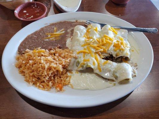 Chicken Enchilada Dinner with Queso.