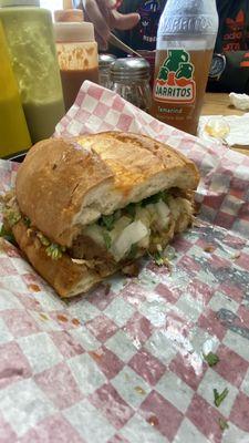 Carnitas torta and Tamarindo Jarrito