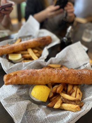 Fish and chips with minty mushy peas and sauce