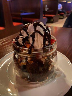 Cake in a Jar. Comes with whipped cream but they were out and subbed with ice cream which made this even better!  Cake was a little dry.