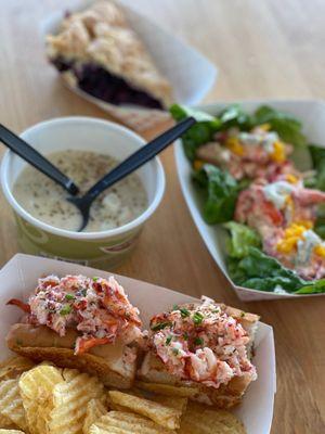 Lobster roll (classic), lettuce cups (my favorite), clam chowder, local blueberry pie