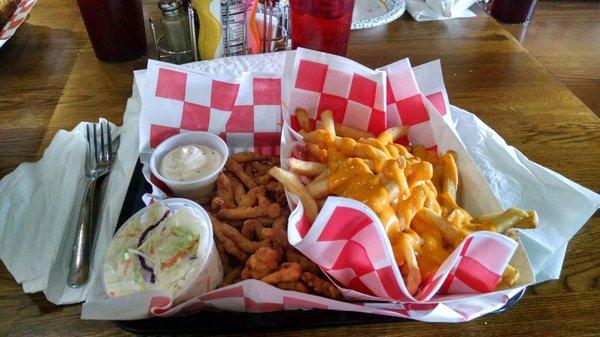 Clam strips and cheese fries.