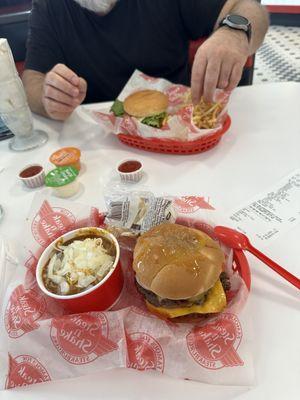 Garlic Double Steakburger Combo, Frisco Melt Combo, Fries, fries, Chili, Ranch Sauce