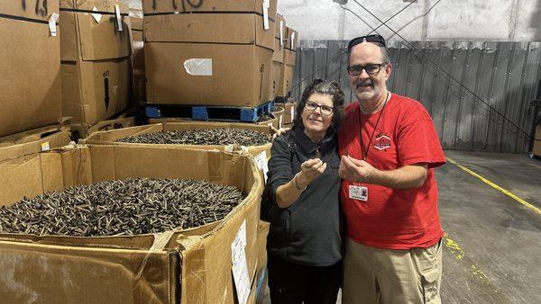 Evan and Lauren visiting ILCO in Rocky Mount, North Carolina. That is a heavy box of brass bullets to be recycled into keys.