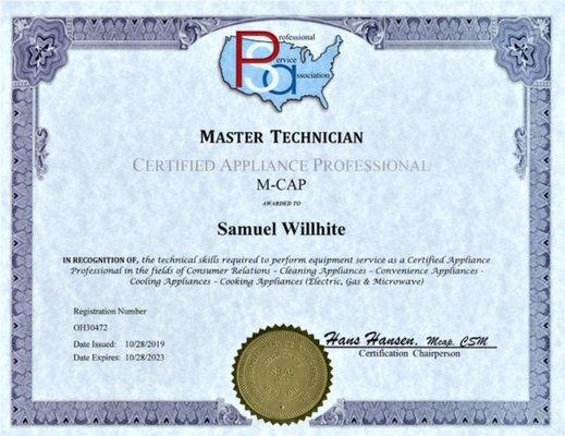 Master Technician Certificate, Sam with Sam's Appliance Repair