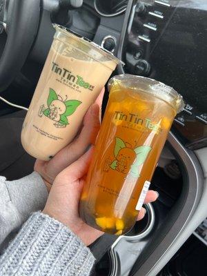 Classic milk tea with boba mango and passion fruit tea with boba