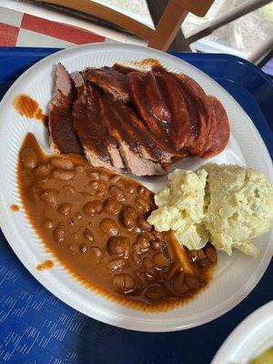 Two meat bbq plate, beans and Potato Salad