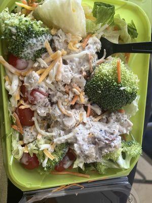 Big chunky broccoli salad with no flavor .