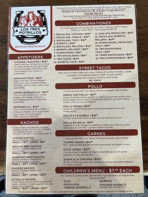 Front page of Los Tres Potrillos' menu