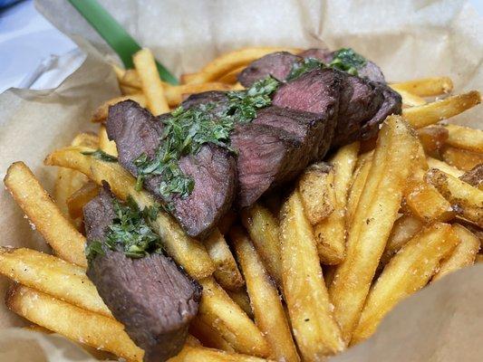 Steak and Fries. Medium. No pickled onion.