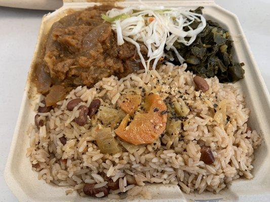 Legume, collard greens, rice and peas, pikliz