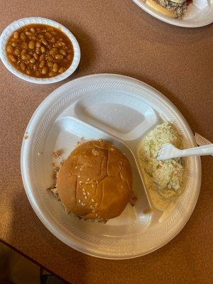 Baked beans, pork bbq and coleslaw