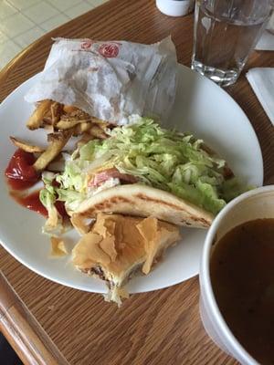 Mini Chicken Gyro, fries, baklava and lentil soup.