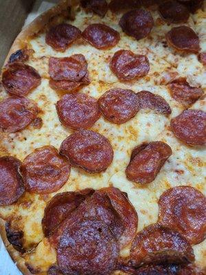 Large pepperoni on thin crust