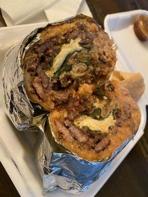 Chile relleno burrito with carne asada