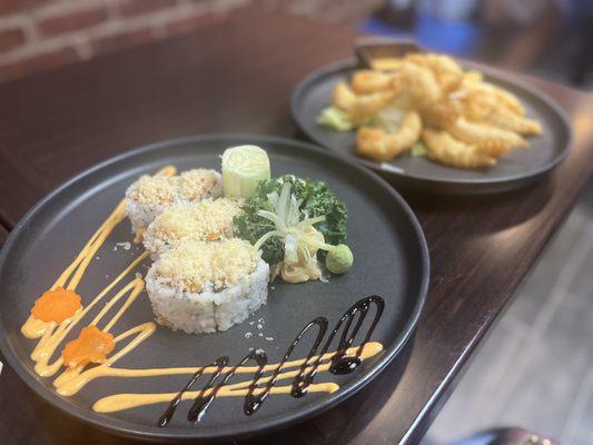 Spicy salmon roll with crunch and A17. Rock Shrimp Tempura