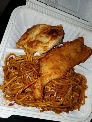 meal with 2 items. dumplings, chicken teriyaki, and lo mein