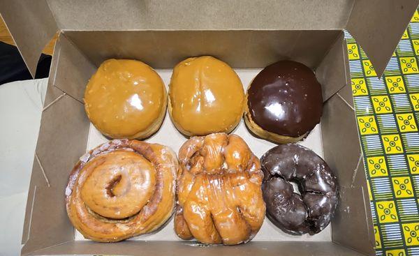 Maple, Boston Creme, Cinnamon roll, apple fritter and chocolate glazed