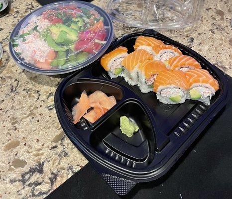 Poke Bowl and Salmon Sushi Roll