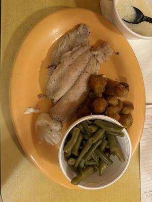 Grilled catfish, green beans, and fried okra