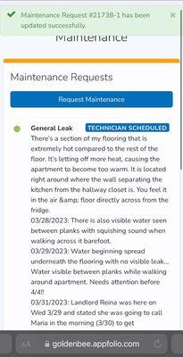 Maintenance request slide 1/2 updated as conditions worsened with no urgency from management/maintenance