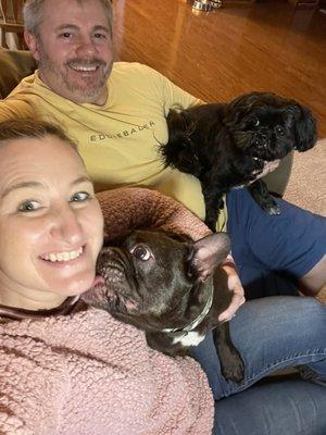 Hershey (Frenchie) with his new parents and brother, Oscar (Shih Tzu)