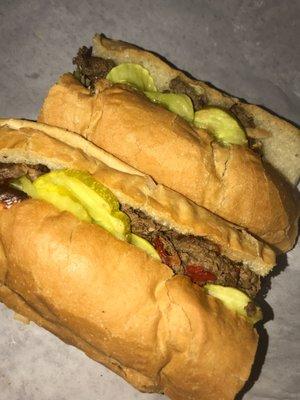 Large steak & cheese sub w/ hot relish & pickles