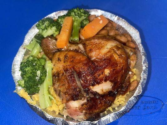 Rotisserie Chicken, Yellow Rice & Beans, & steamed veggies.