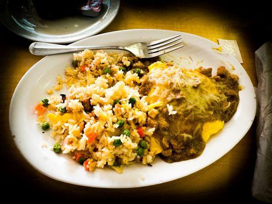 Chili Verde omelette with fried rice. Tasty!!!!