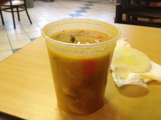 This is a soup I had , very good soup . But look how it's served when you eat in, plastic cup hard to eat that way.