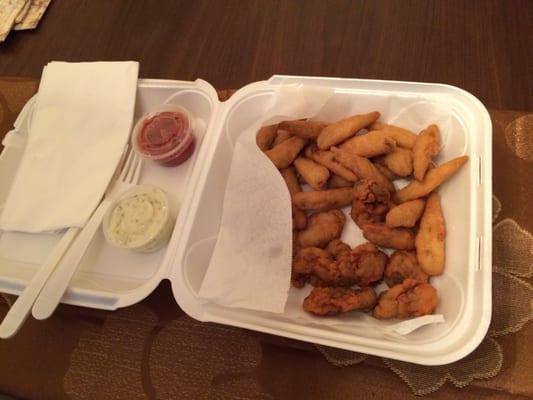 1/2 lb of fried smelt and 1/2 of fried oysters (some was eaten so it's not all there!)