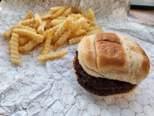 The Chandler (no American Cheese) with a side of crinkle French fries