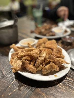 Crispy chicken skins; delicious