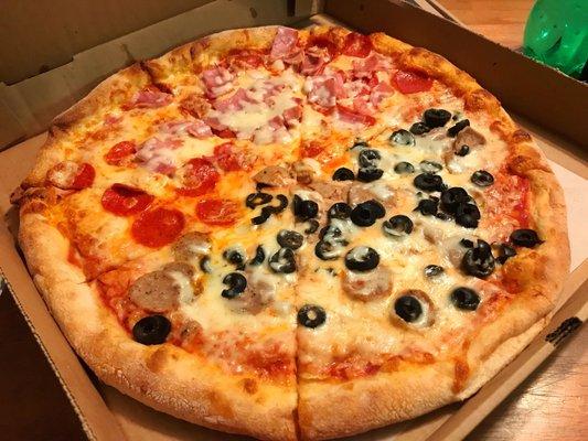 Large two topping - half pepperoni and ham and half sausage and black olives