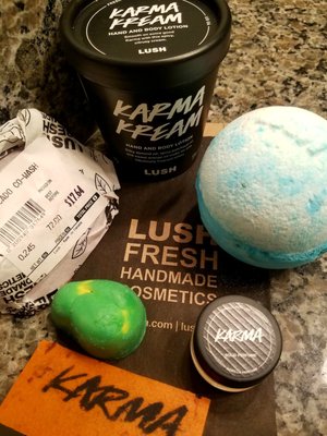 bath bomb, lotion, soap, solid perfume, bath oil and avocado cowash... birthday purchase