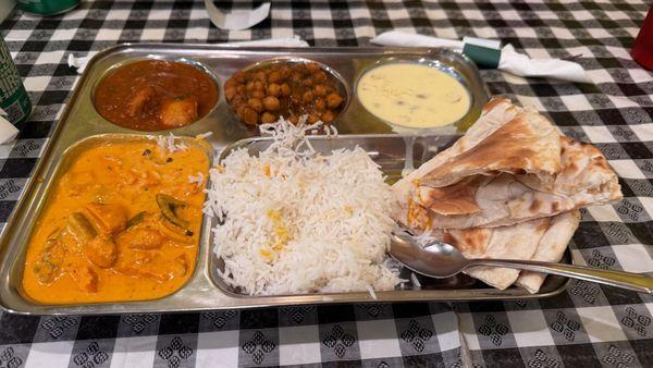 A wonderfully rich non-vegetarian, lunch plate. The flavors are immense and intense.