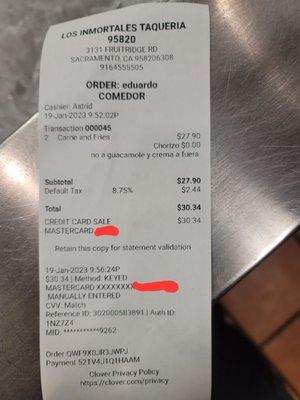 Receipt of order