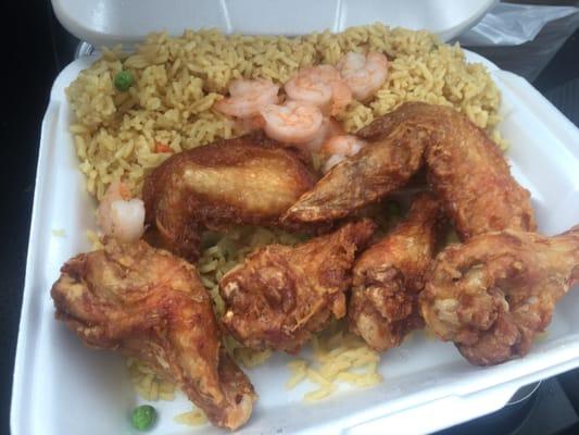 Chicken Wings & some more grilled shrimp tossed on fried rice with a bit of onion.