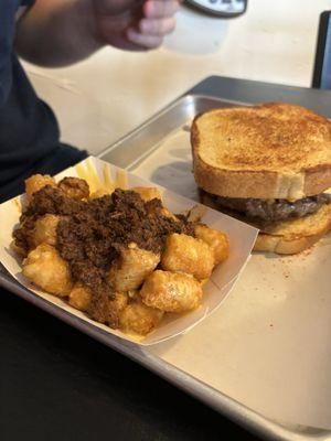 Patty melt with chili cheese tots