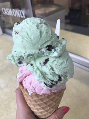 Double scoop of mint chocolate chip and strawberry in a waffle cone