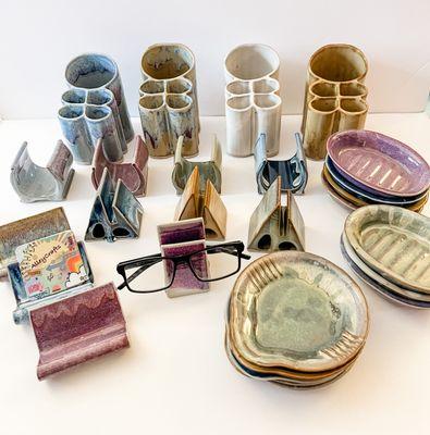 Pottery spoon rest, soap dish, eye glass holders, tooth brush holders, business card holders