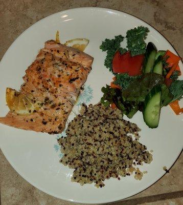 Plate made from a virtual Healthy Hands Cooking Class: Salmon, coconut quinoa and a kale salad.