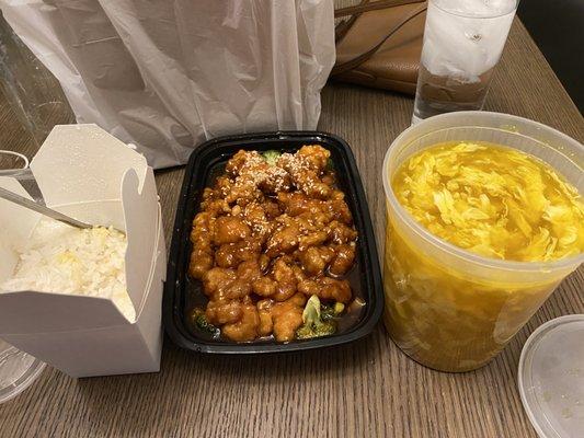 Egg drop soup, sesame chicken & rice