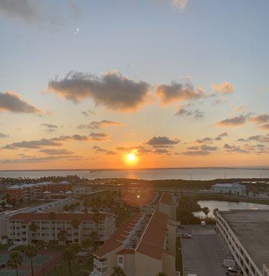 View of the bay, at sunset, from our other balcony.