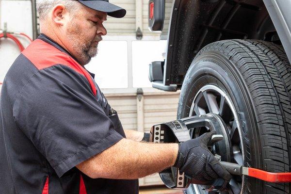 Proper alignment can increase your gas mileage and tire life! We can help to make sure your wheels are properly aligned.