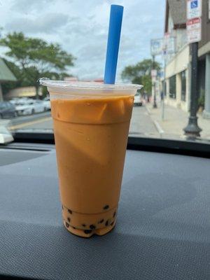 Thai iced tea with boba.