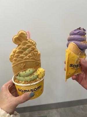 Upside Down Ahbong with Matcha Soft Serve, Ahbong with Taro Soft Serve