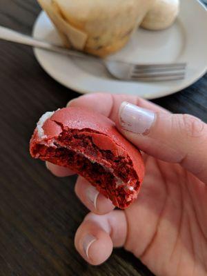 Red velvet macaron is deeeelicious! Pay no mind to my crappy nail polish.