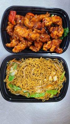 General tso chicken and vegetable lo mein.