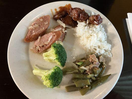 Sausage with sauerkraut, BBQ Pork, steamed rice, green beans, steamed broccoli